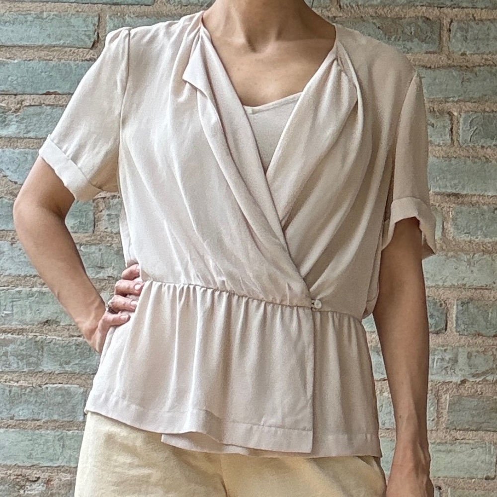 Aritzia Babaton Top Light Cream Draped Wrap Surplice Peplum Blouse L